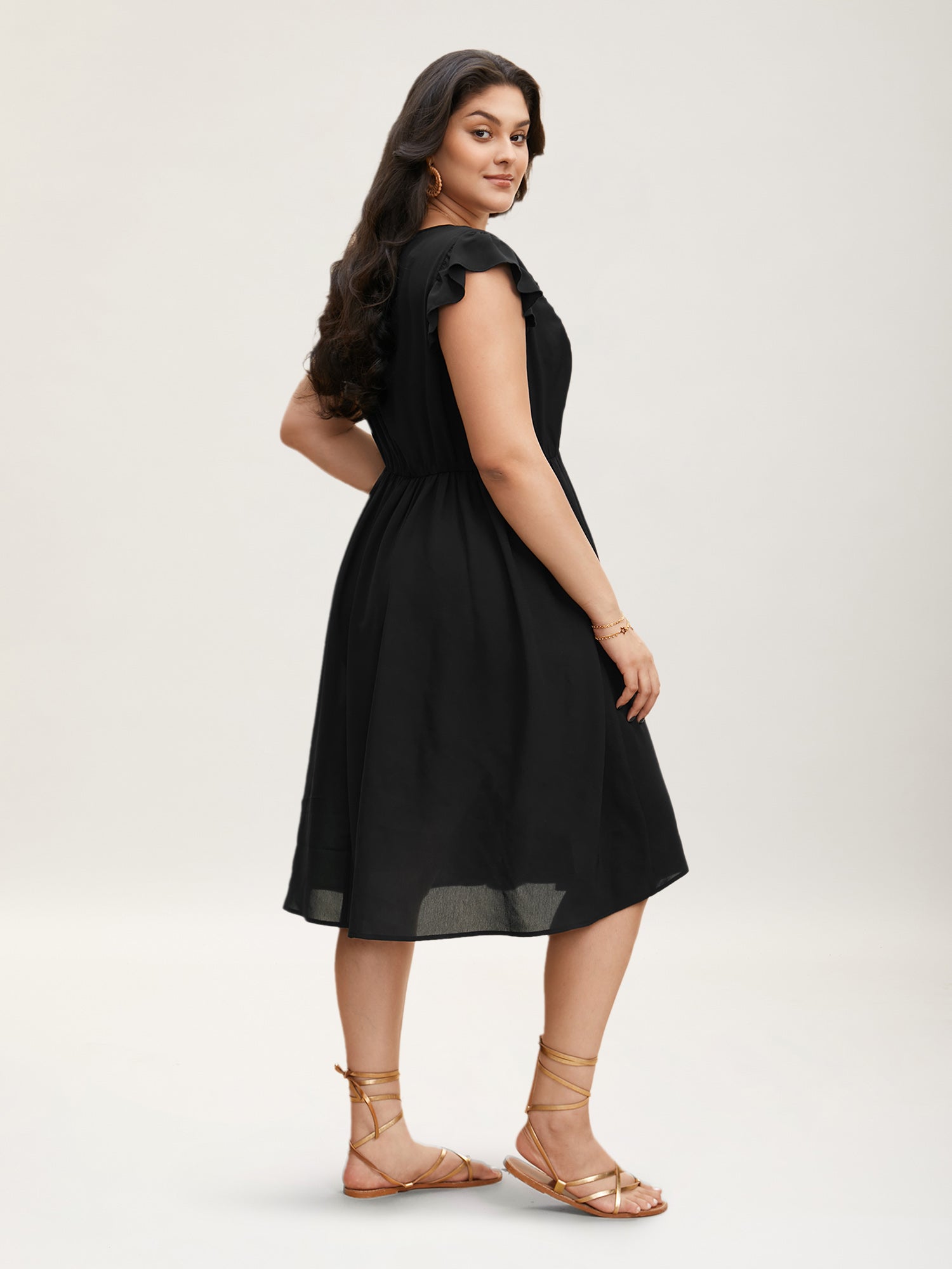 Floral Embroidered V Neck Ruffle Cap Sleeve Dress