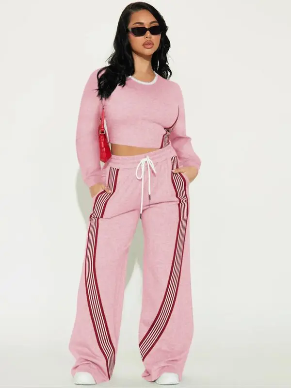 Women Casual Long Sleeve Top and Side Stripe Sports Pants Set