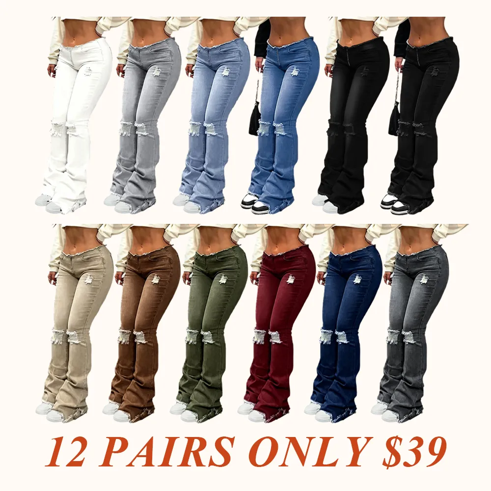 Women's Plain Ripped Flared Jeans, Street Fashion Casual Denim Pants for Daily Wear