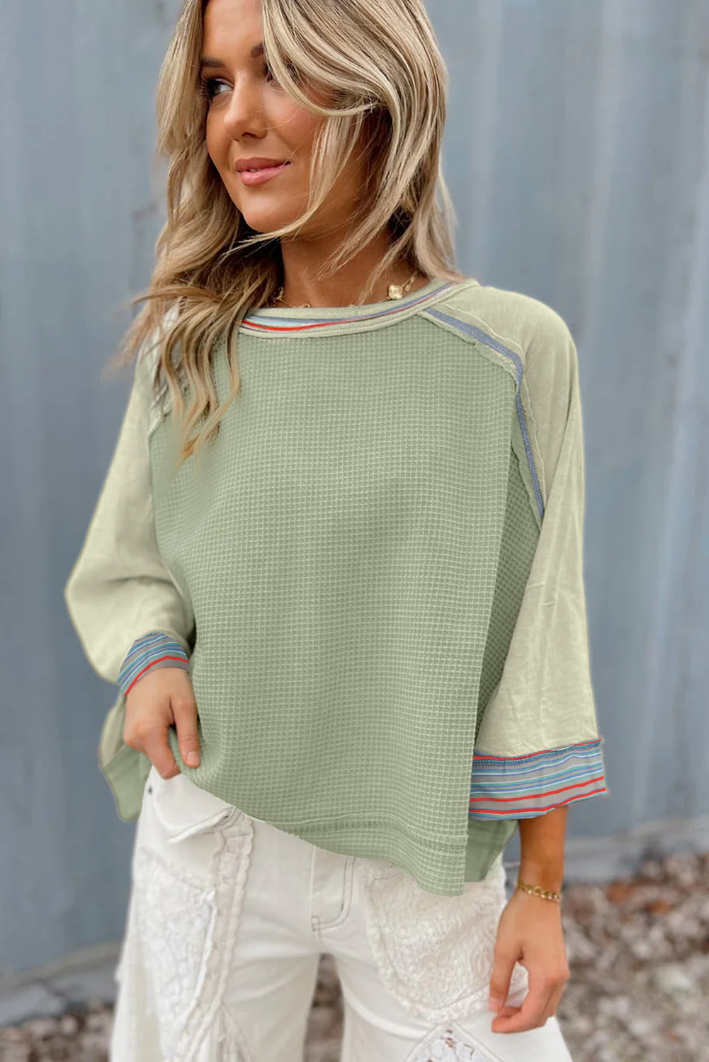 Meadow Mist Waffle Knit Wide Bracelet Sleeve Patchwork Raglan Top