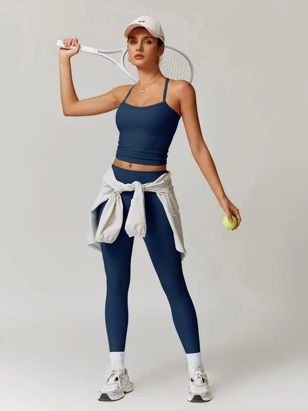 Women's Solid Cut Out Backless Cami Top & High Waist Leggings Tracksuit Set