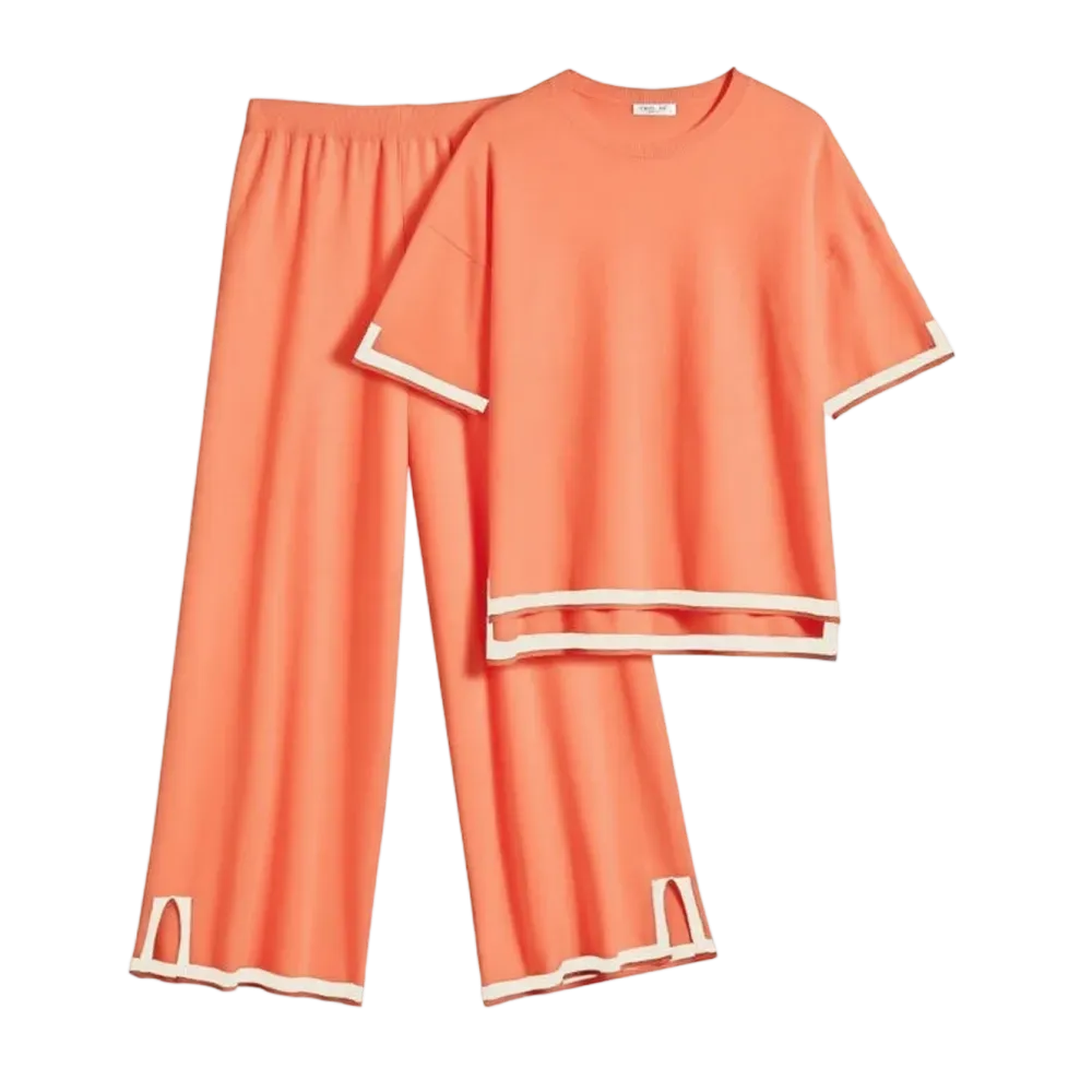 Women’s 2-Piece Knit Lounge Set – Short Sleeve Top & Wide-Leg Pants