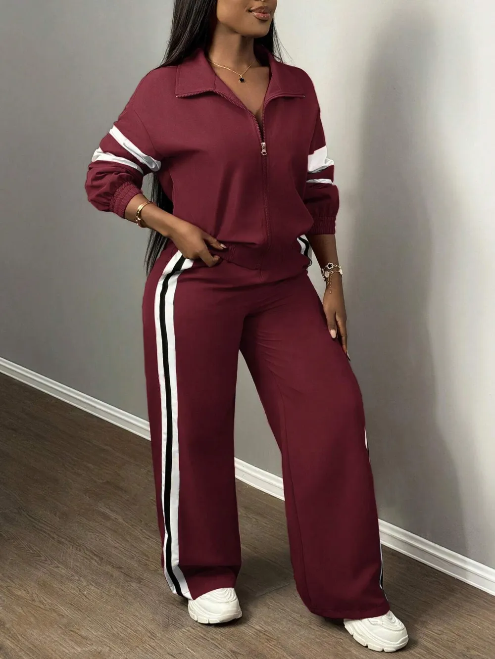 Women'S Zipper Jacket & Striped Wide-Leg Pants Set, Streetwear & Casual, Two-Piece Suit For Daily Wear