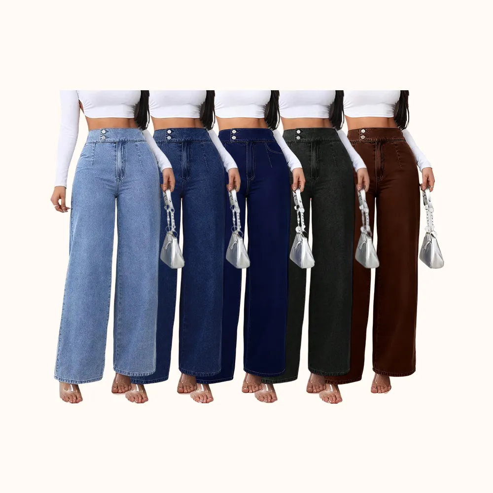 Women's Vintage Elegant High Waist Wide Leg Jeans, Elastic Waist, Button Front