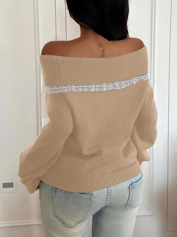 Women's off-shoulder lace bow sweater