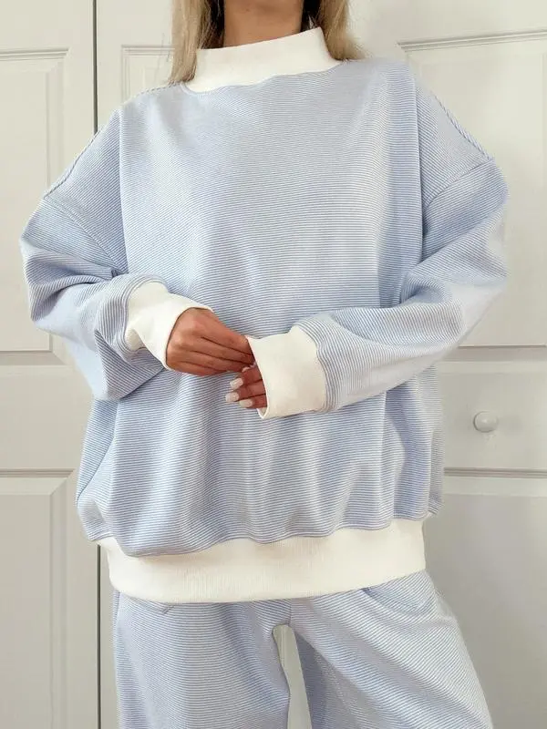 Blue and White Mini Striped Mockneck Sweatshirt