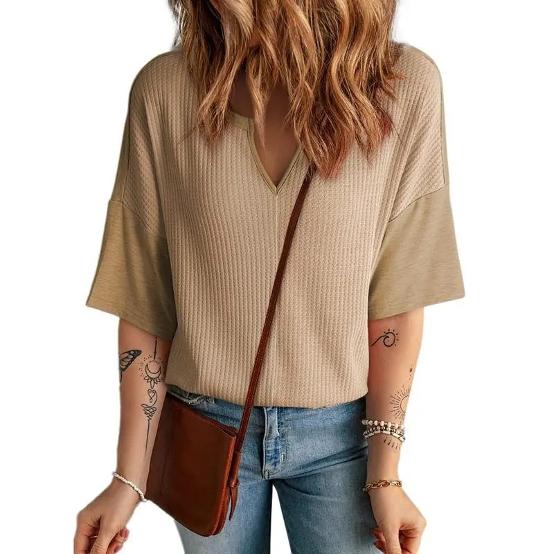 Womens Half Sleeve Waffle Knit Shirts V Neck Colorblock Blouses