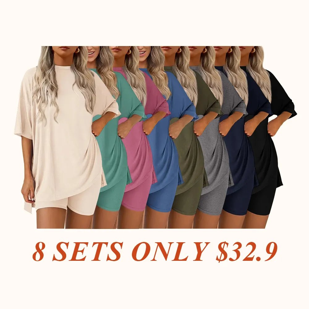 Crewneck Two-Piece Set For Women Summer Casual Oversized Split Hem Shirts