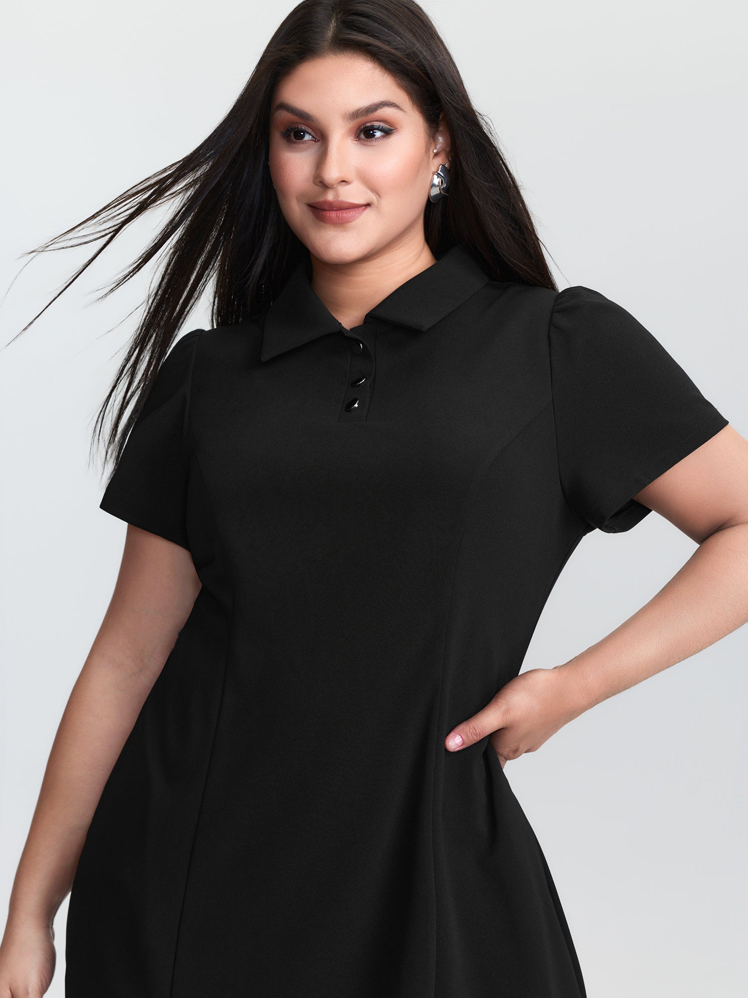 Polo Collar Button Detail Pockets Knee Dress