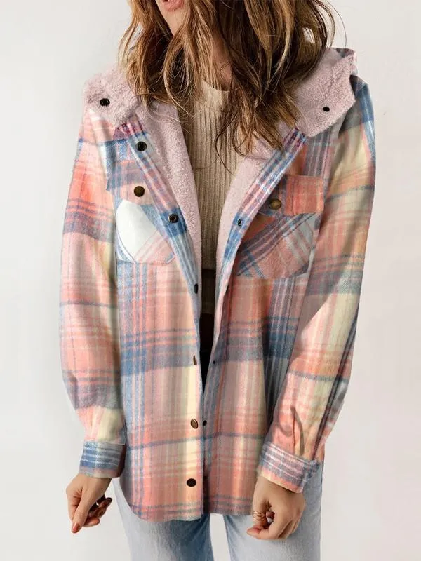 Women's Plaid / Houndstooth Print Button Front Hooded Coat