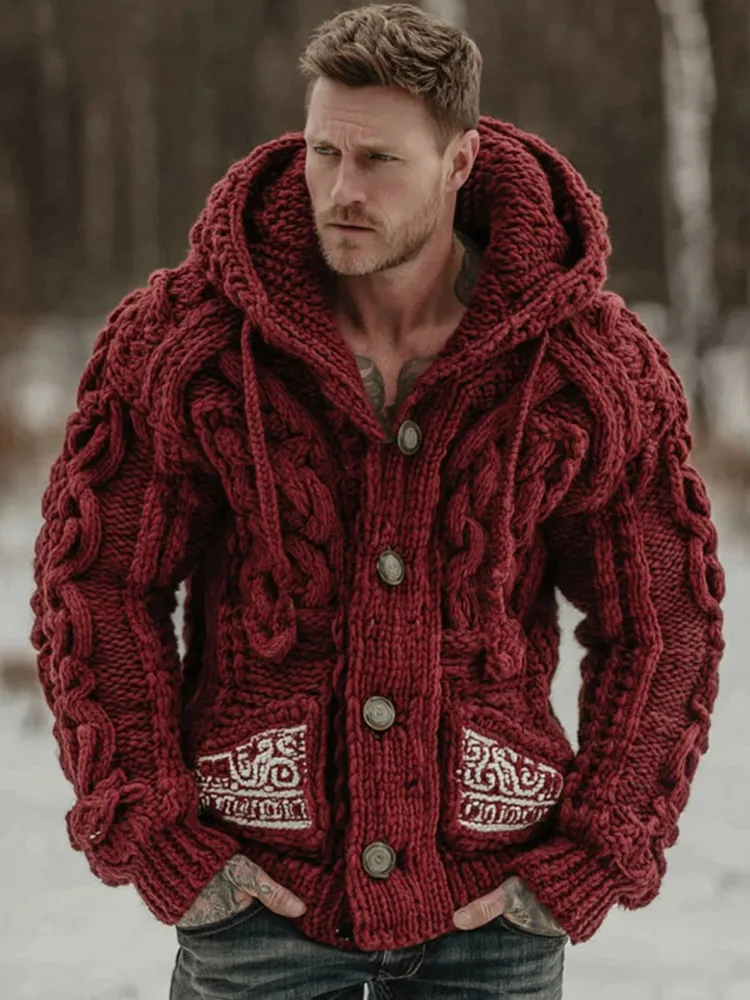 Men's Viking Tribal Art Jacquard Button Cozy Cardigan Sweater