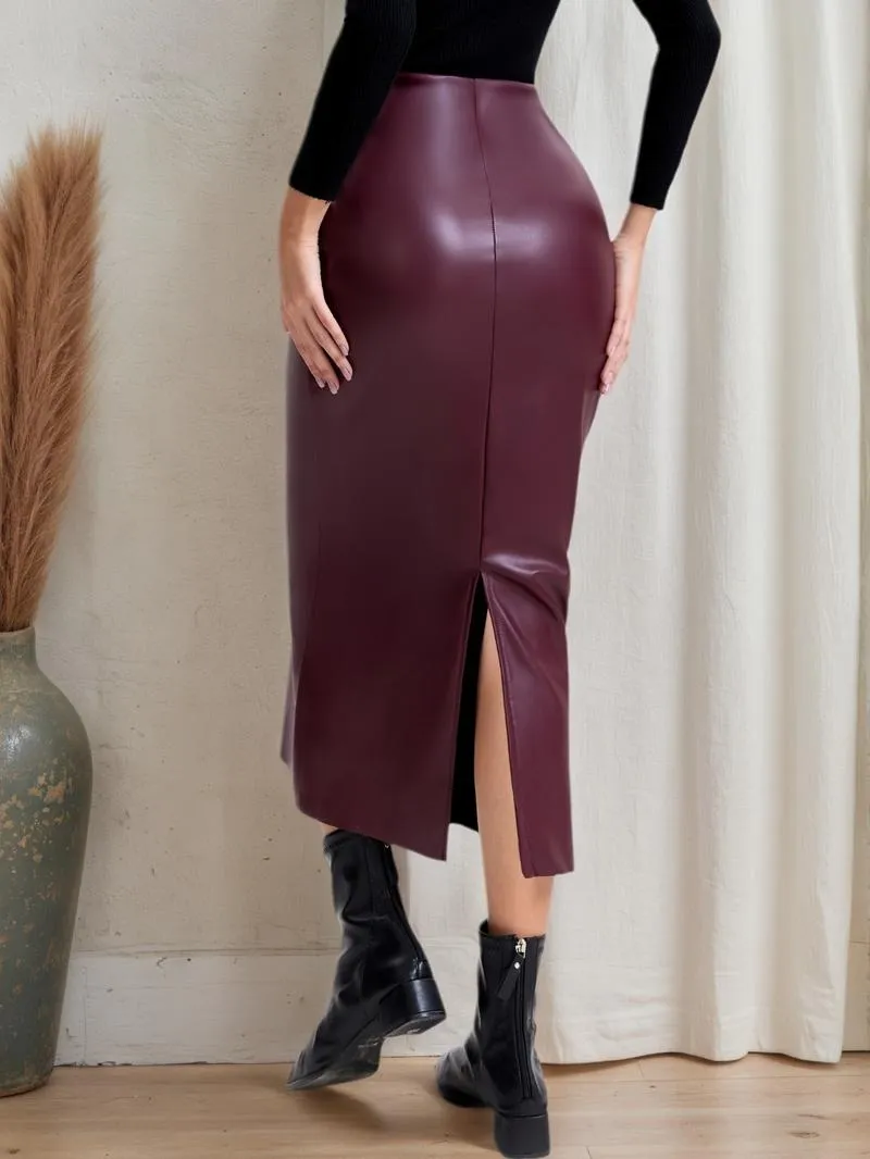 Women's Solid Color PU Leather Skirt, Fashionable Casual Skirt for Daily Outdoor Wear
