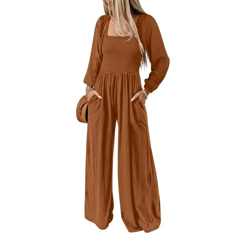 Women's Casual Loose Overalls Jumpsuits One Piece Long Sleeve Wide Leg Long Pant Rompers With Pockets