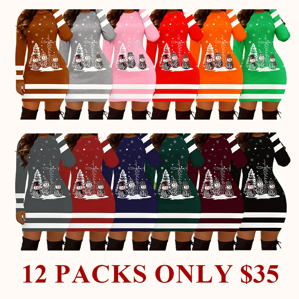 Women's Casual Christmas Print Striped Slim Fit Dress