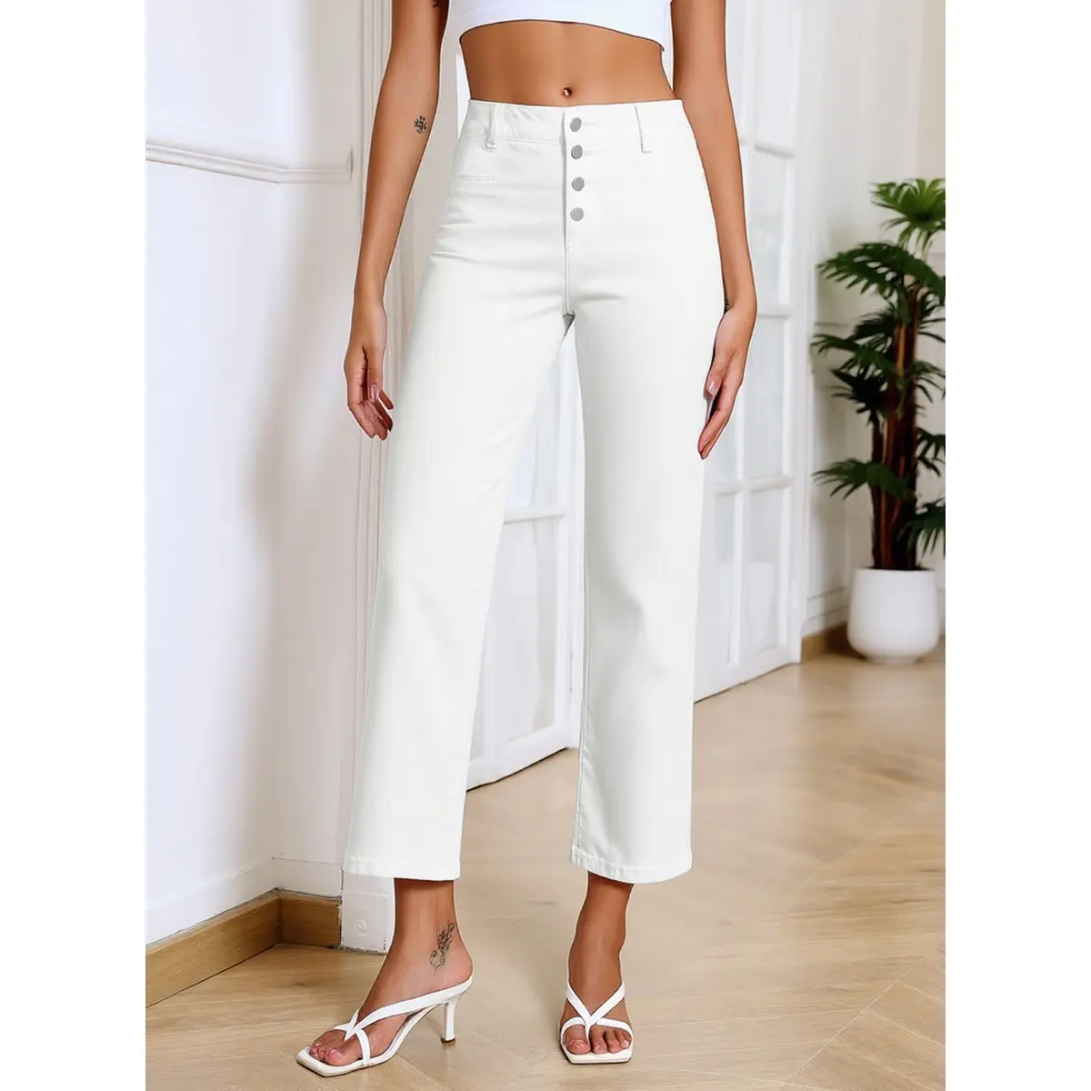 Women's Wide Leg Jeans High Waisted  Stretchy Straight Leg Jeans Buttoned Loose Denim Pants with Pocket