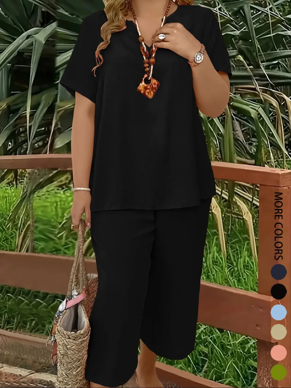 Elegant Plus-Size Women's Set: Solid-Color Short-Sleeve Fashion Top & Casual Wide-Leg Pants