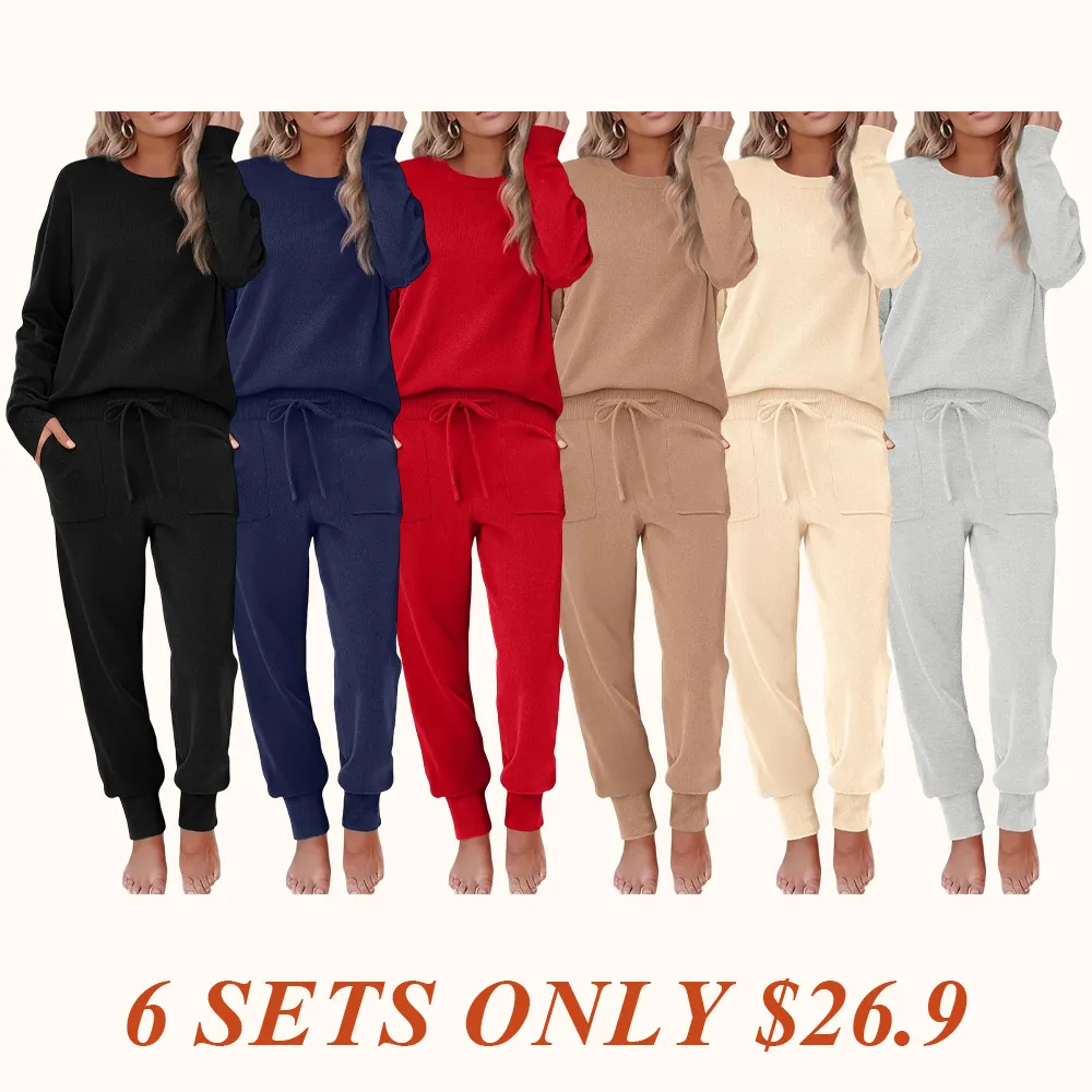 Women's Long Sleeve Knit Loungewear Set Jogger Pants Outfit