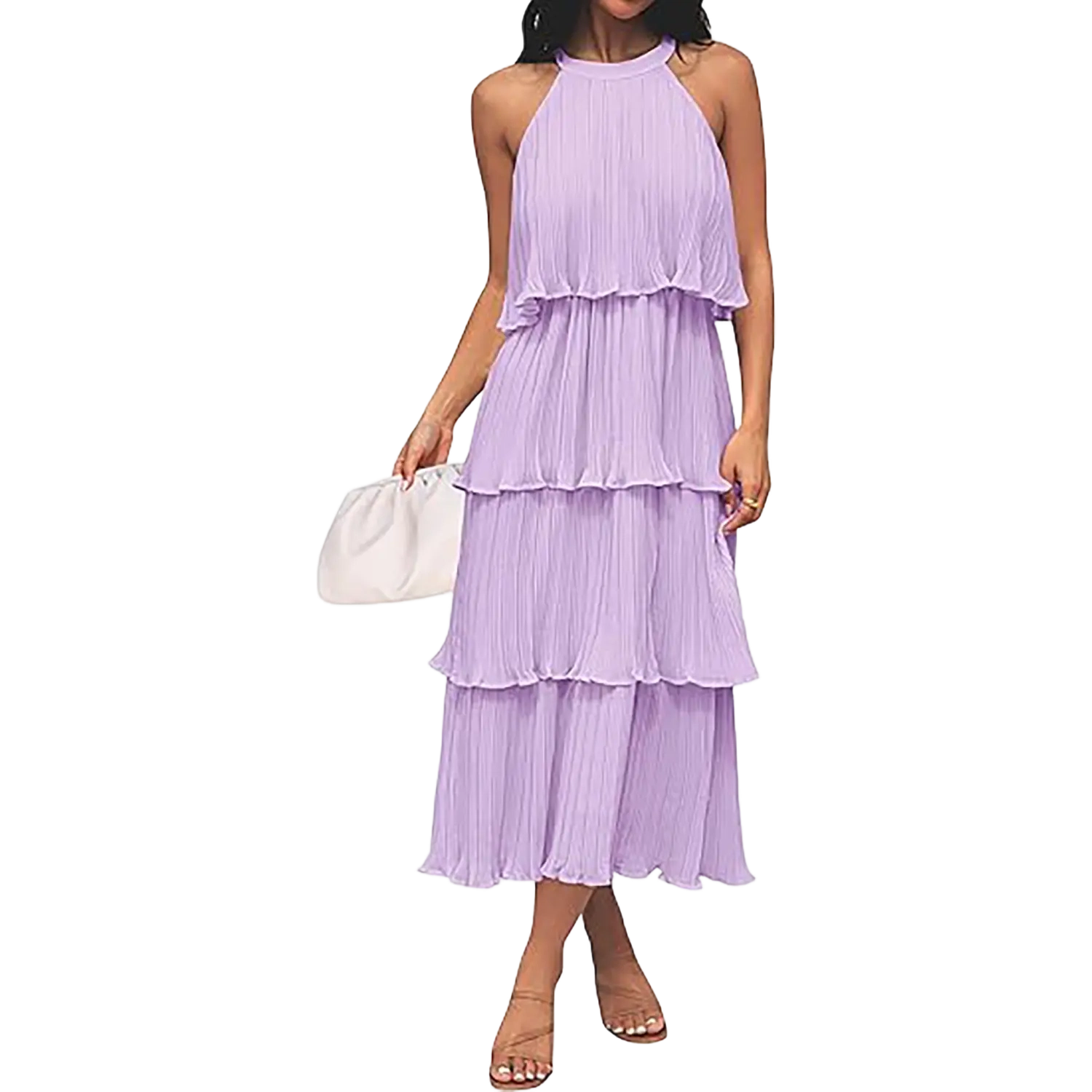 Women's 2025 Summer Sleeveless Halter Neck Ruffle Tiered Layed Chiffon Flowy Swing Long Midi Dress