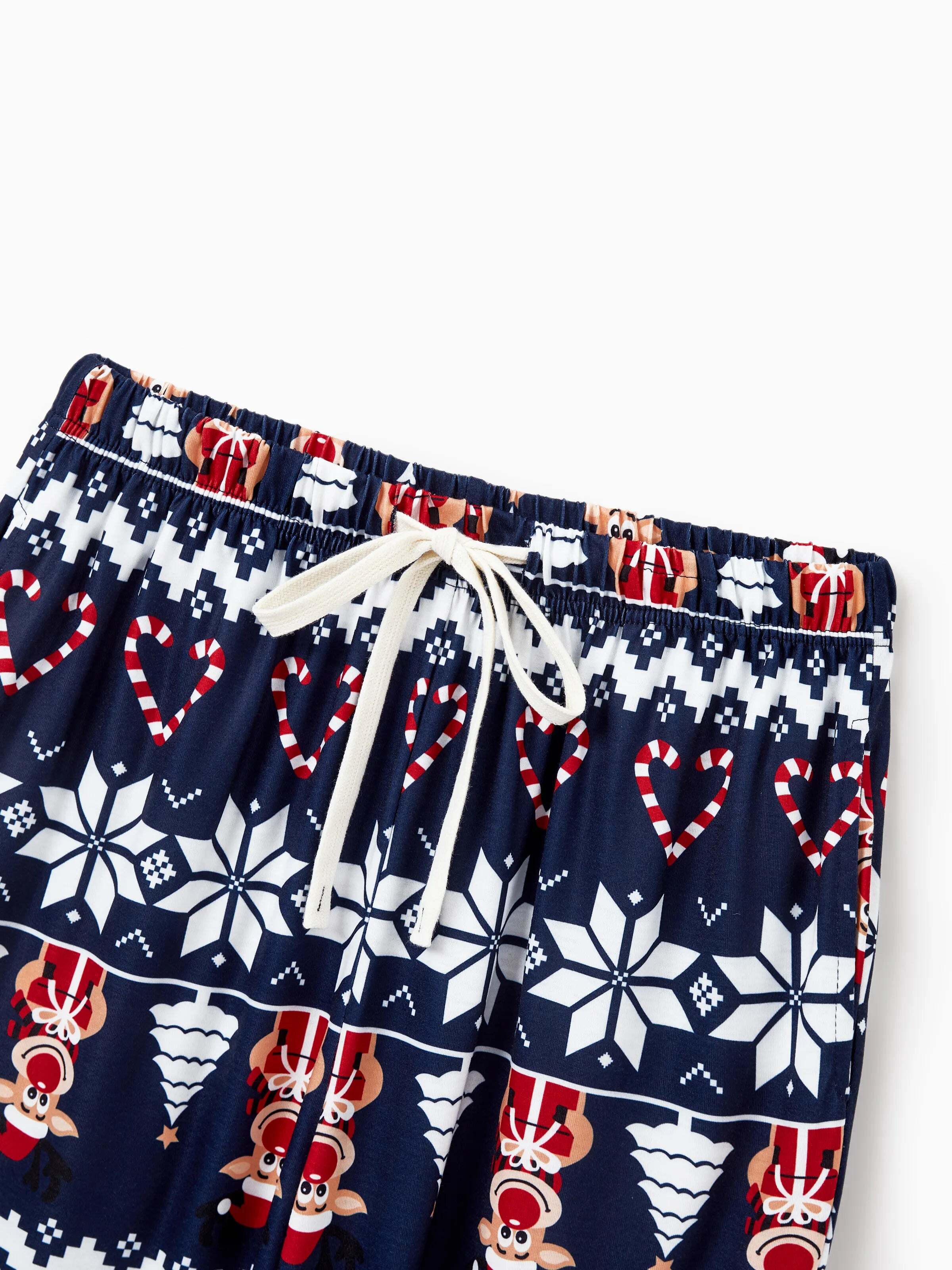 Christmas Matching Family Pajamas Set Reindeer and Snowflake Print PJS Deep Blue