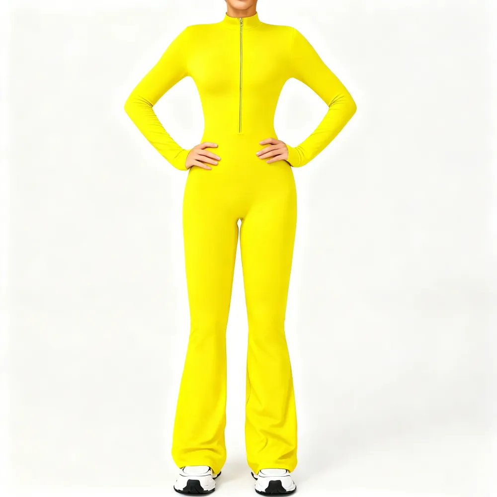 Women's Long Sleeve Flared Sports Jumpsuit - Zipper Jumpsuit