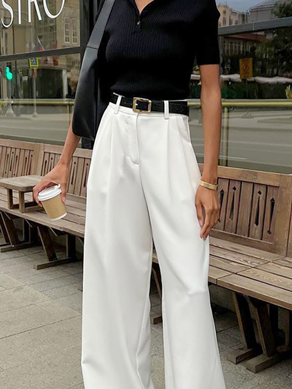No Belt Pleated Pockets Solid Color High Waisted Loose Trousers Suit Pants