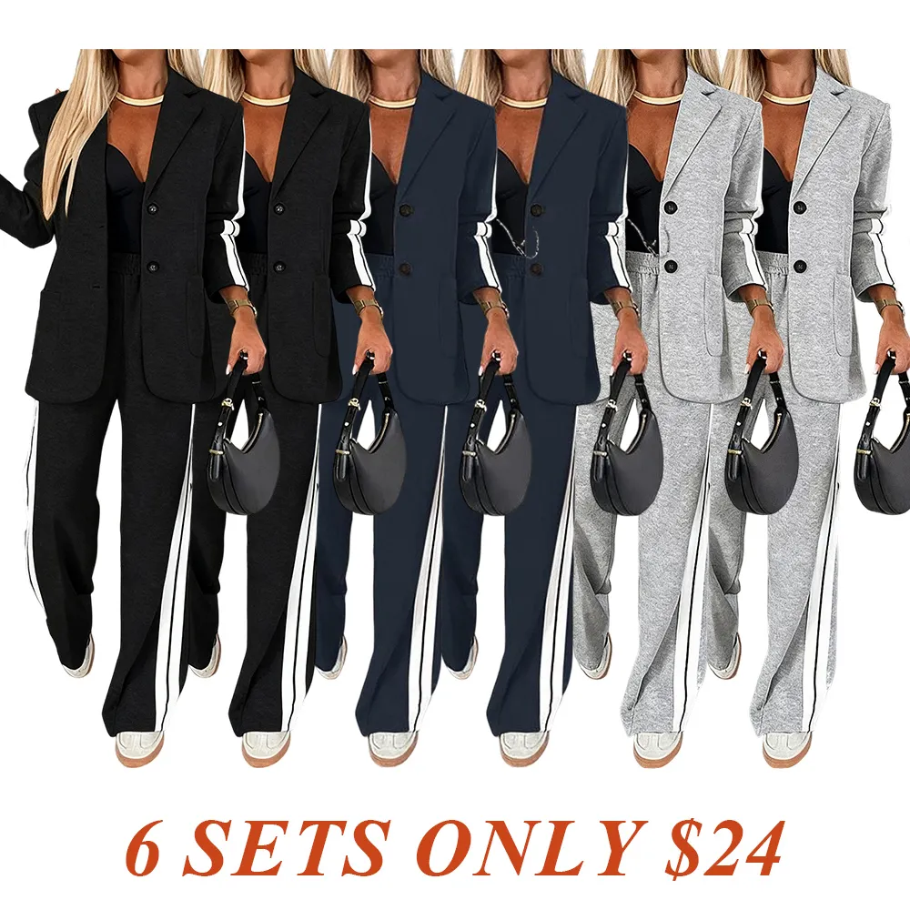 Women's Striped Print Blazer Jacket & Wide Leg Pants Set