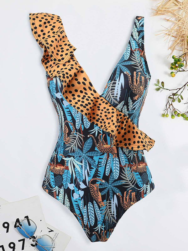 Floral Leopard Print One Piece Swimsuit