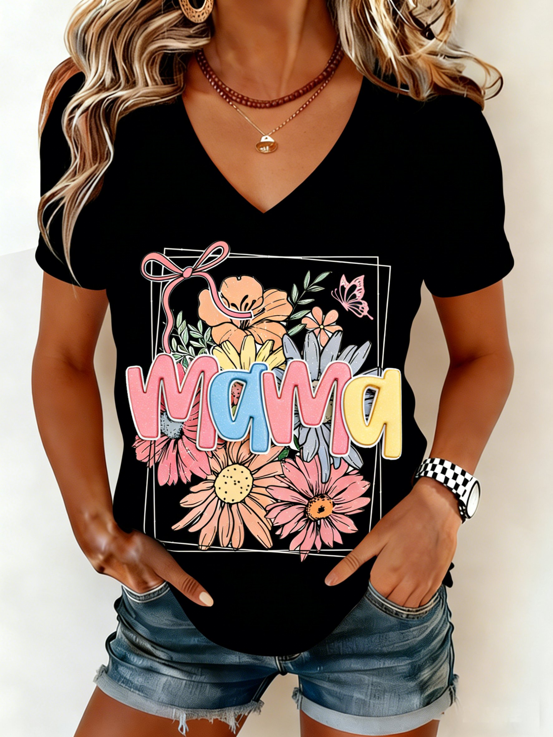 Mother's Day 3D Printing Letter Pattern Floral Short Sleeve V Neck Loose  Casual T-Shirt