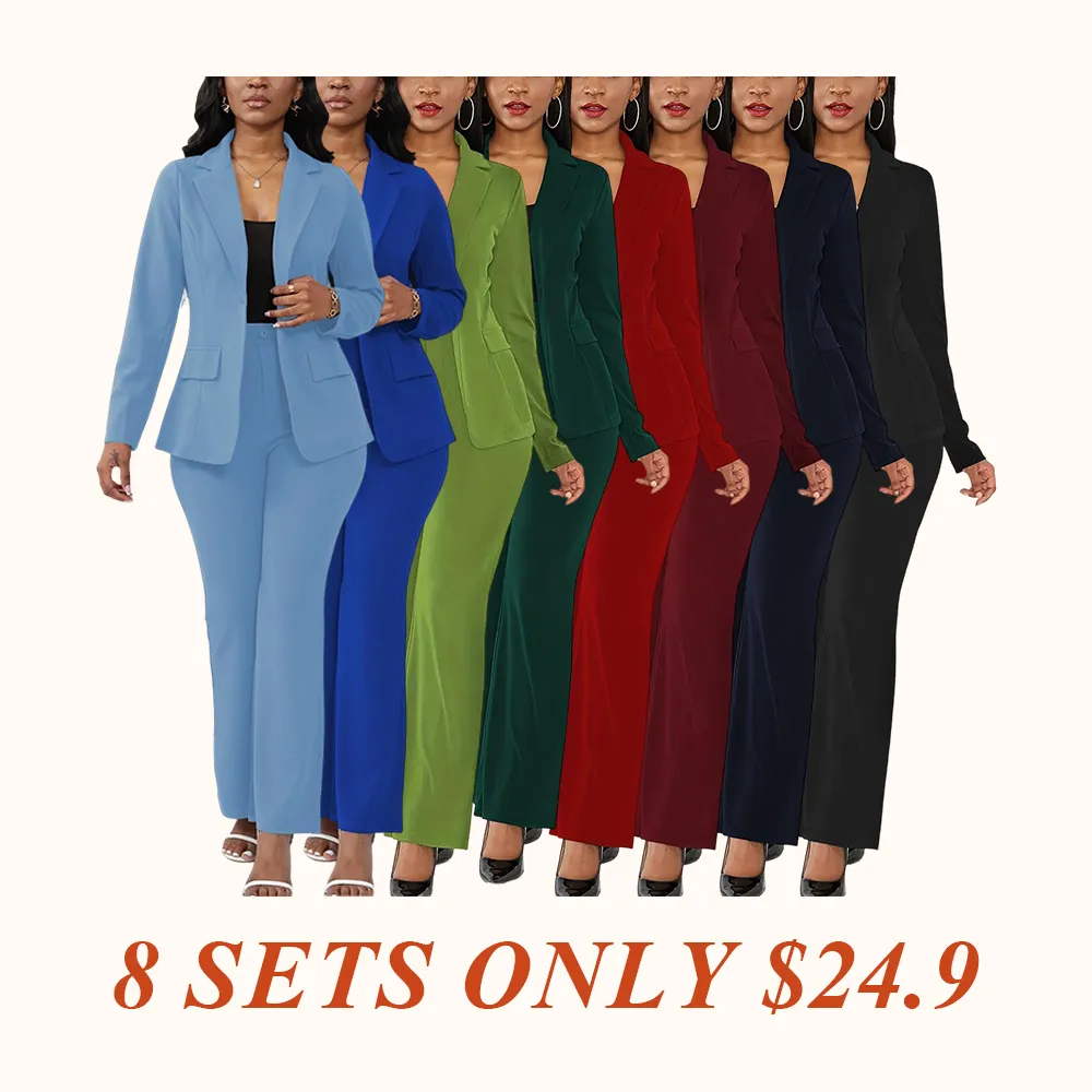 Women's Two-Piece Set Plain Button Lapel Blazer & Suit Pants, Elegant Business Casual Long Sleeve Outerwear