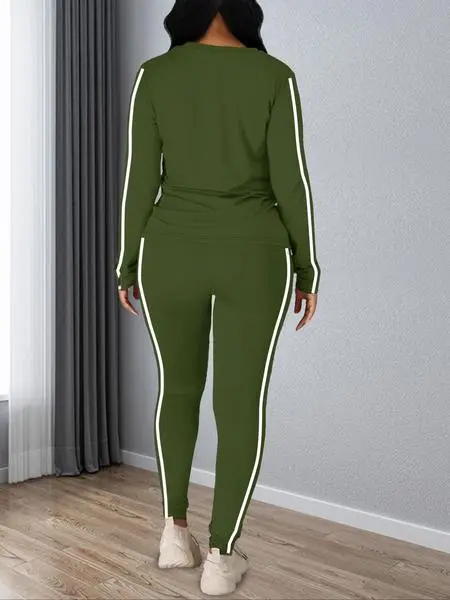 Women's Striped Print Long Sleeve Top & Pants Two-piece Set