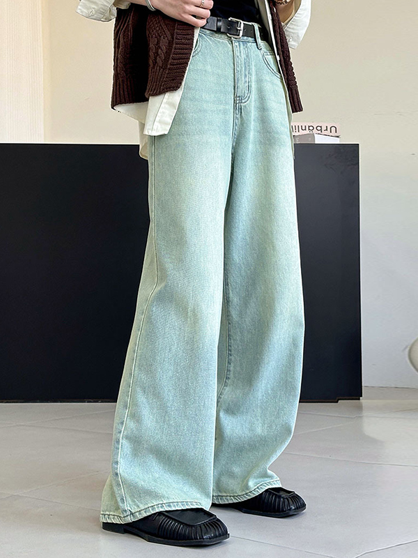 No Belt Pockets High Waisted Loose Jean Pants Bottoms