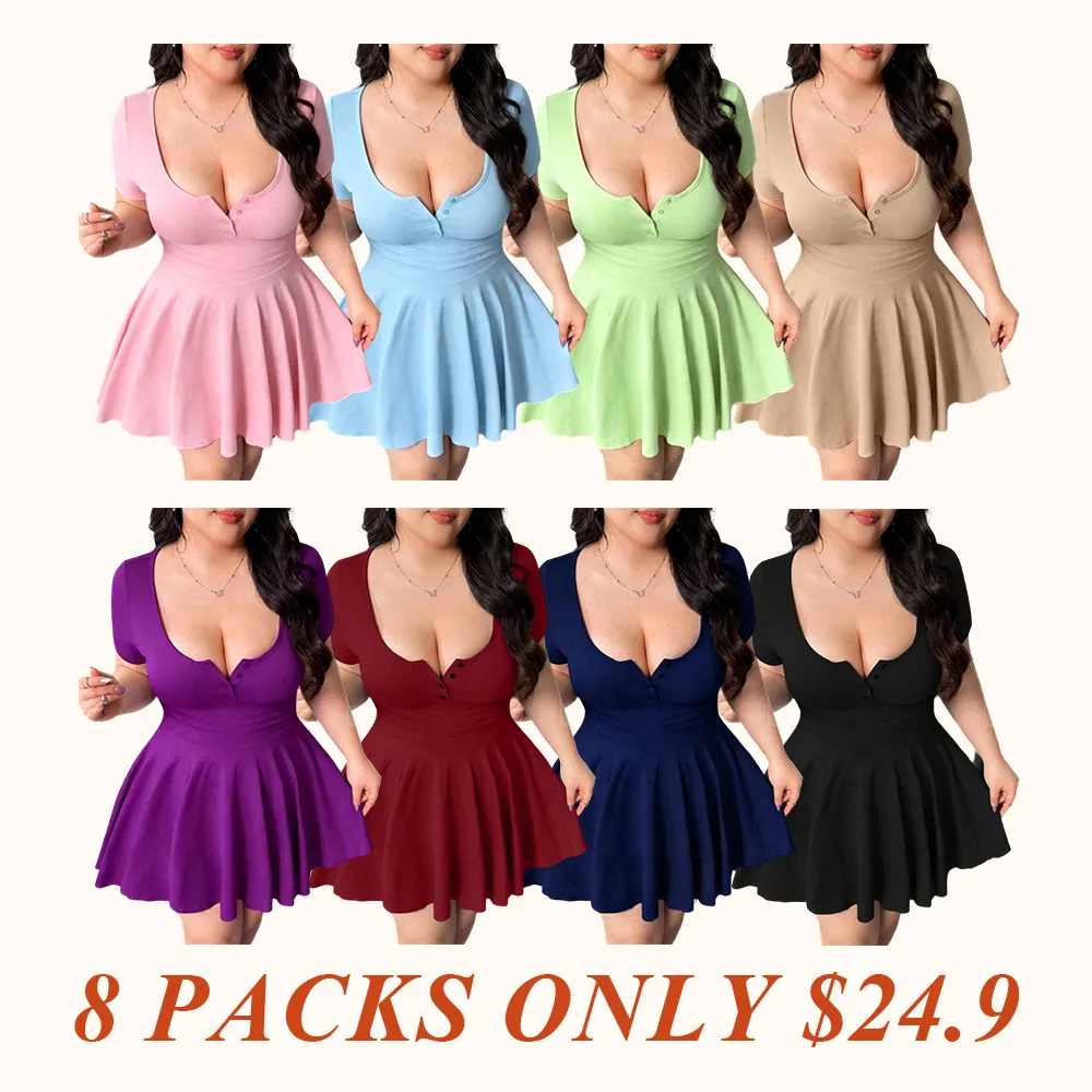 Plus-Size Womenswear Black Short Sleeve U-Neck Flared Mini Dress, Casual Style, Casual Wear