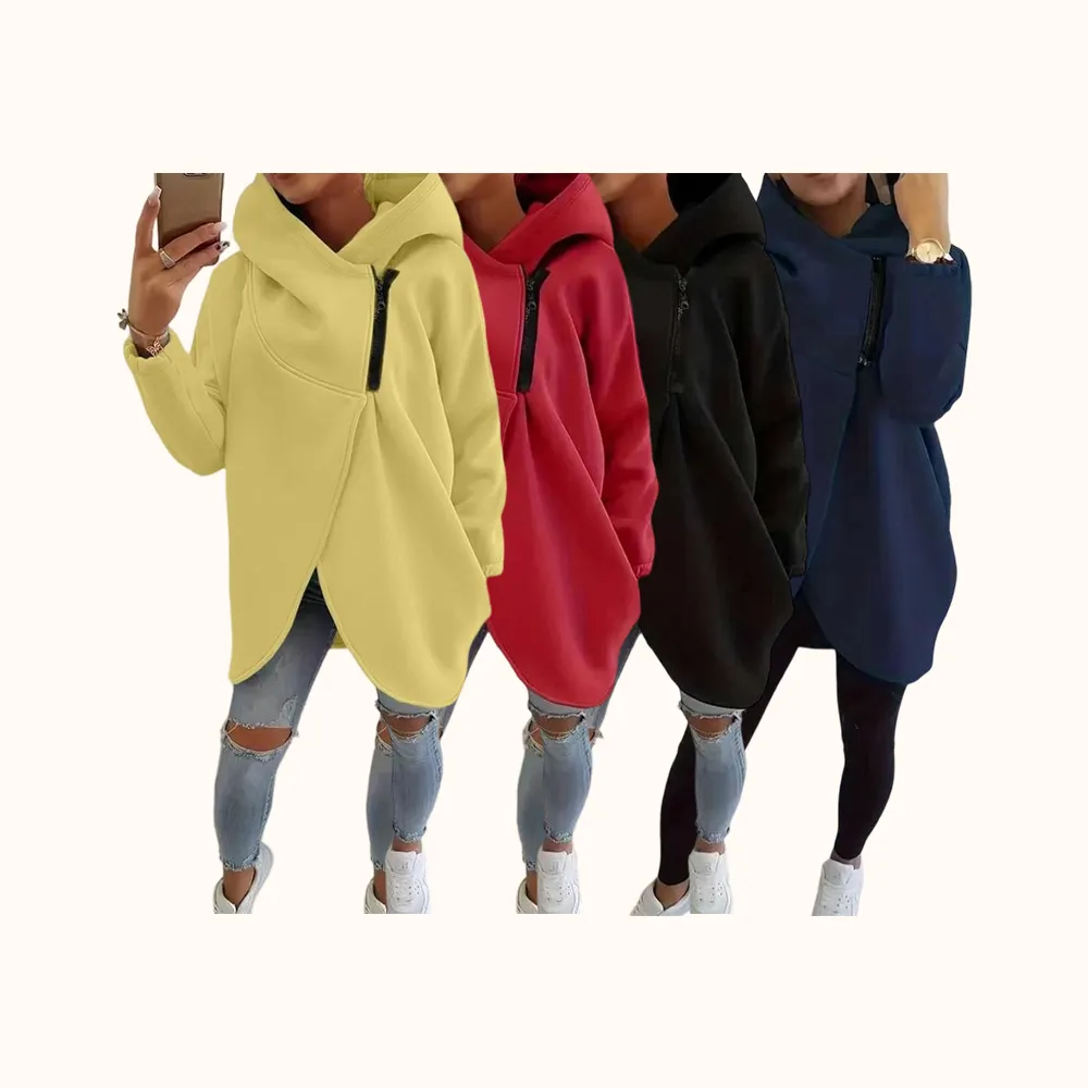Women's Plus Size Hooded Sweatshirt, Full Zip Fashion Design, Asymmetrical Hem