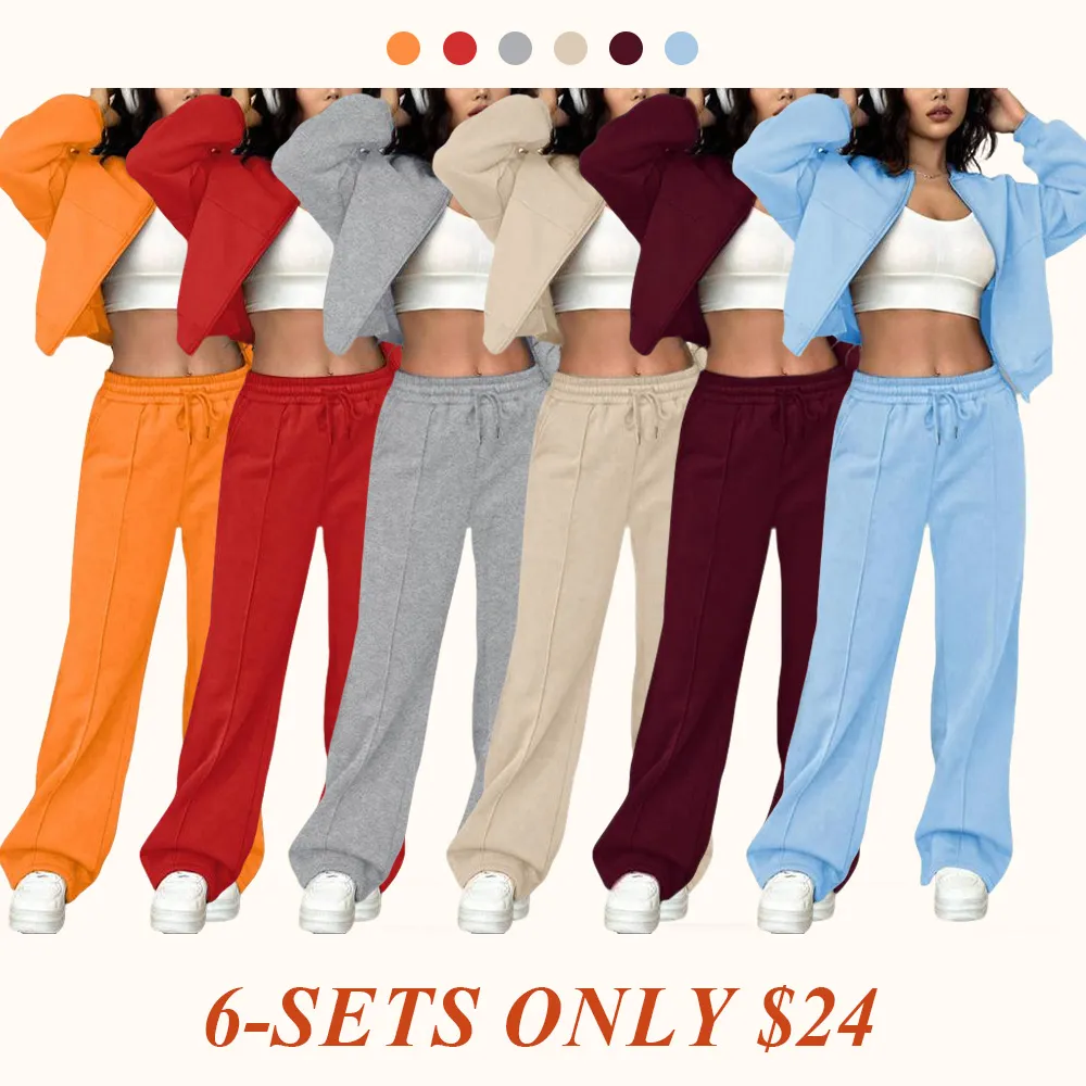 Two-piece Set Women's Solid Zip Up Drop Shoulder Jacket & Pocket Elastic Waist Pants