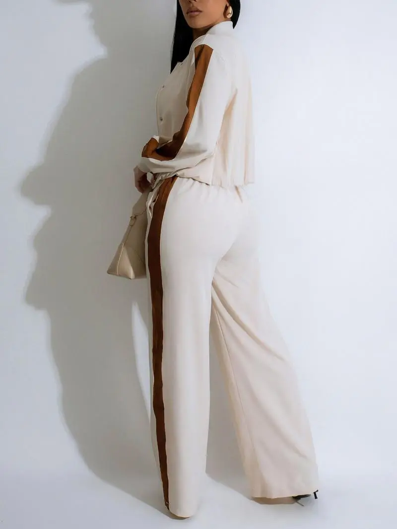 2-piece Set Women's Patchwork Top & Wide Leg Pants Set