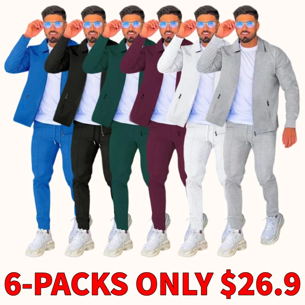 Men's solid-color jacket and drawstring waist casual pants two-piece set