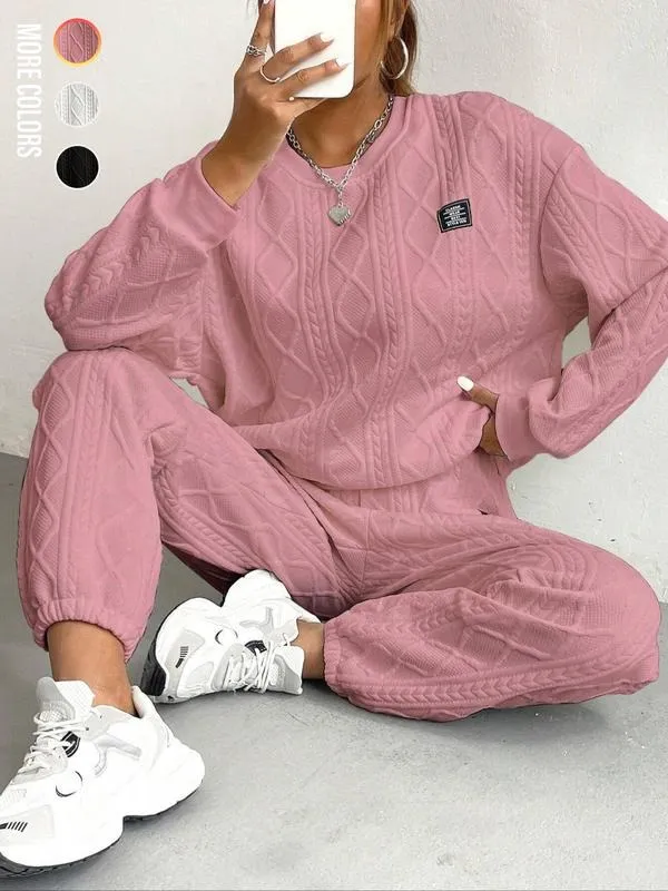 Women's Solid Patched Drop Shoulder Sweatshirt & Elastic Waist Pants Two-piece Set