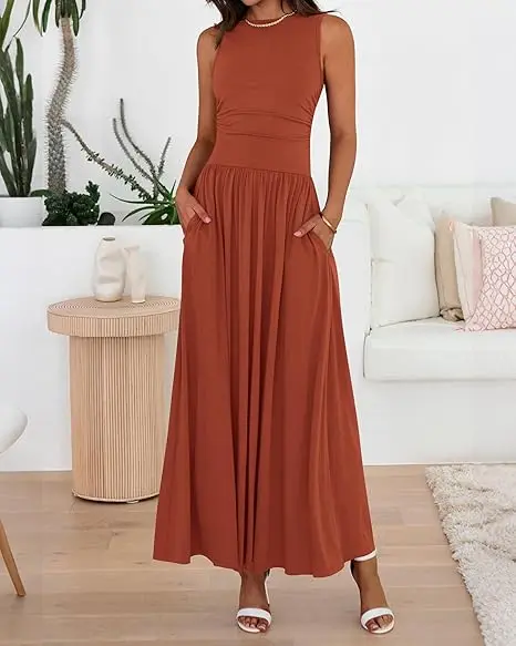 Summer Maxi Dresses for Women 2026 Spring Sleeveless Casual Ruched High Waisted Long Sundress Flowy Beach Dress