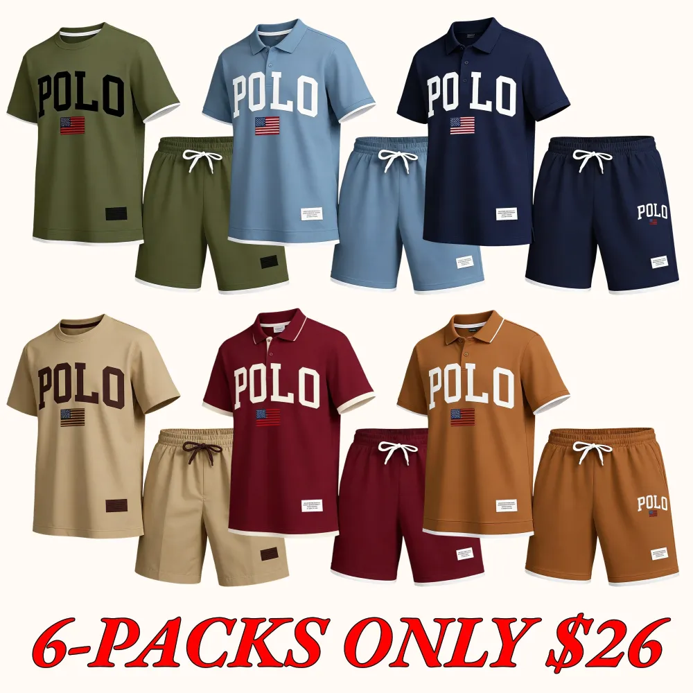 Men's Spring/Summer Printed Polo Shirt and Drawstring Shorts Set