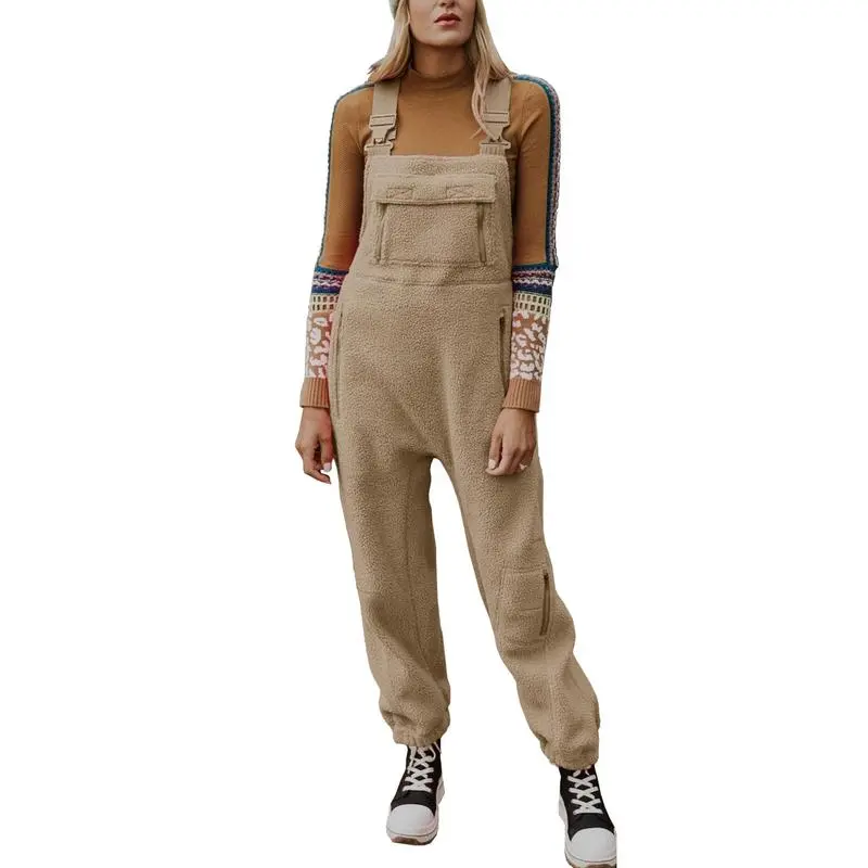 Women's Fleece Warm Overalls Winter Loose Casual Jumpsuits with Pockets