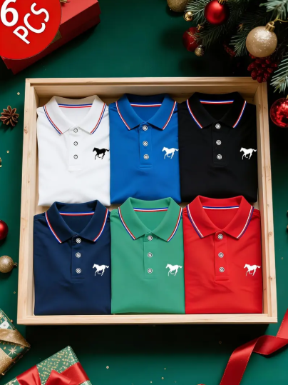 Men's Solid Color Slim Fit Short-Sleeve Horse Print Polo Shirt Set