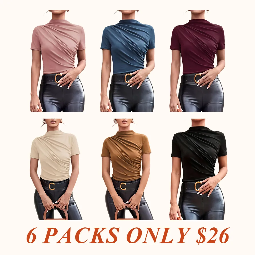 Women's Slim Fit Ruched Asymmetrical Top, High Neck Short Sleeve Knit T-Shirt, Casual Plain Design