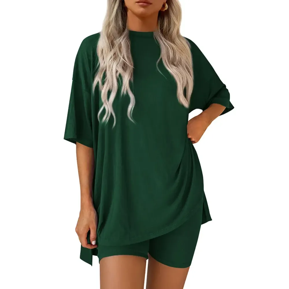Crewneck Two-Piece Set For Women Summer Casual Oversized Split Hem Shirts