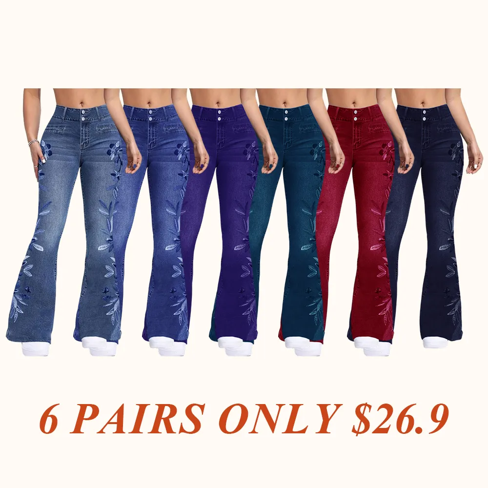 Women's denim printed flared pants
