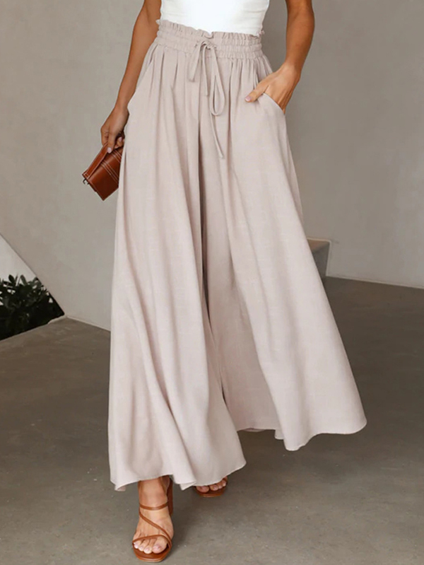 Drawstring Elasticity Pleated Pockets Solid Color High Waisted Loose Trousers Pants
