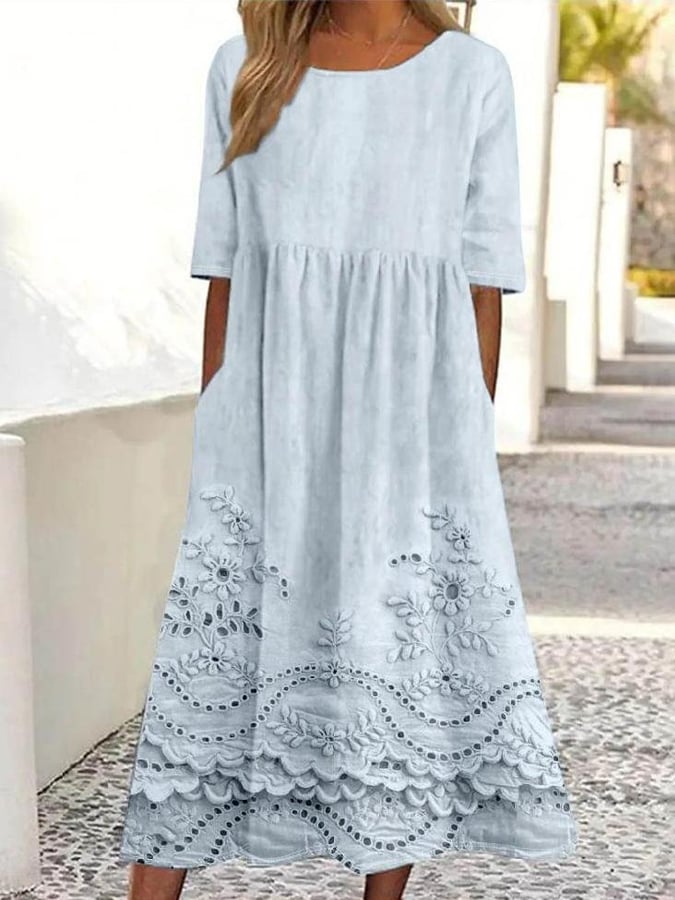 Women's Vintage Lace Floral Print Round Neck Short Sleeve Dress- Fast Shipping