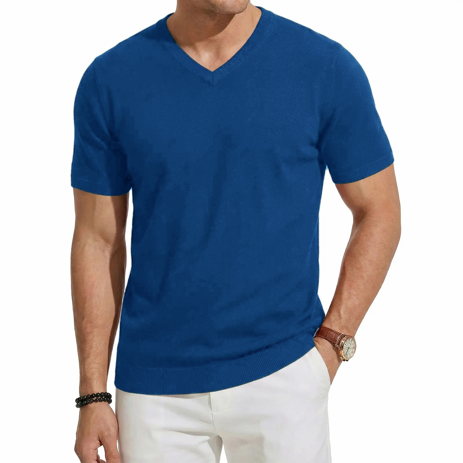 Men's Wool Blend Short Sleeve V-Neck Sweater Soft Textured Knit Pullover for Business Casual Wear