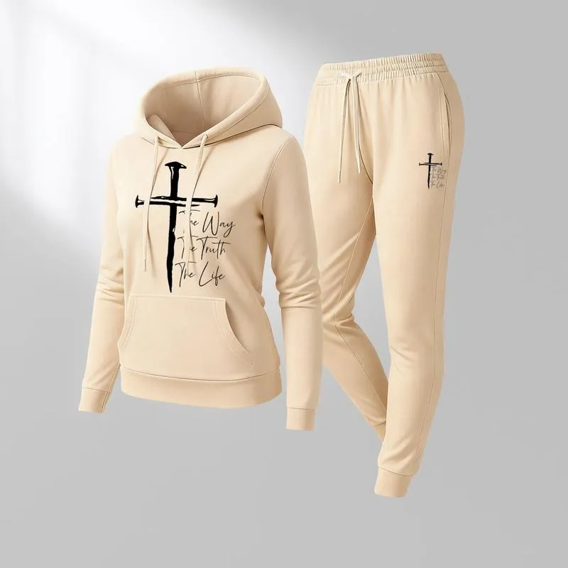 Women's Jesus on the Cross Print Hoodie And Drawstring Track Pants Set