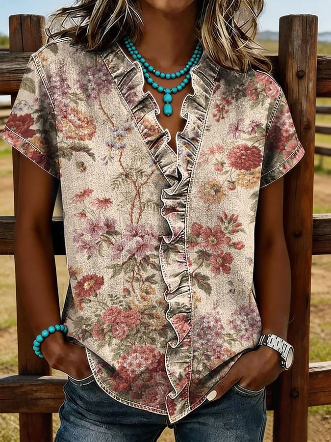 Retro Floral Print Short-Sleeved Ruffle Short-Sleeved Top