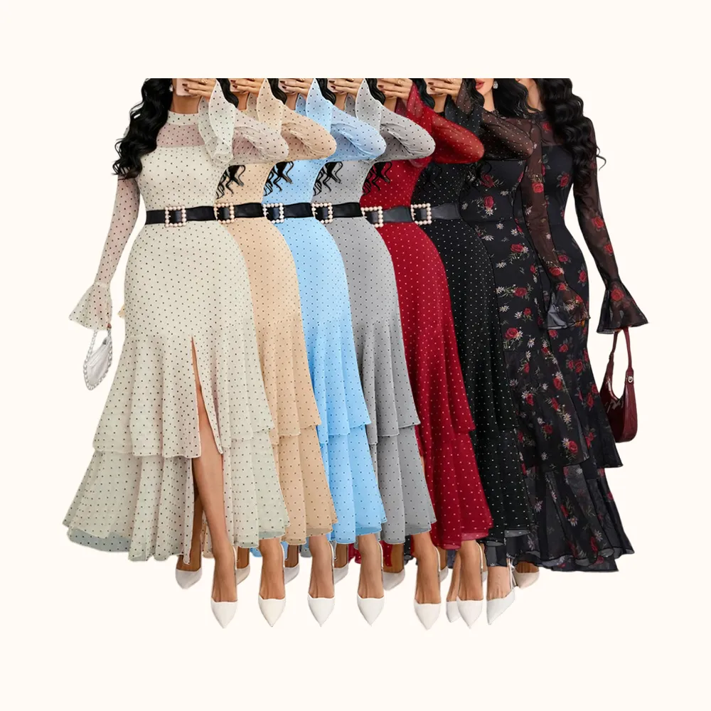 Women's Romantic Polka Dot Split Mesh Patchwork Layered Elegant Flared Skirt Dress